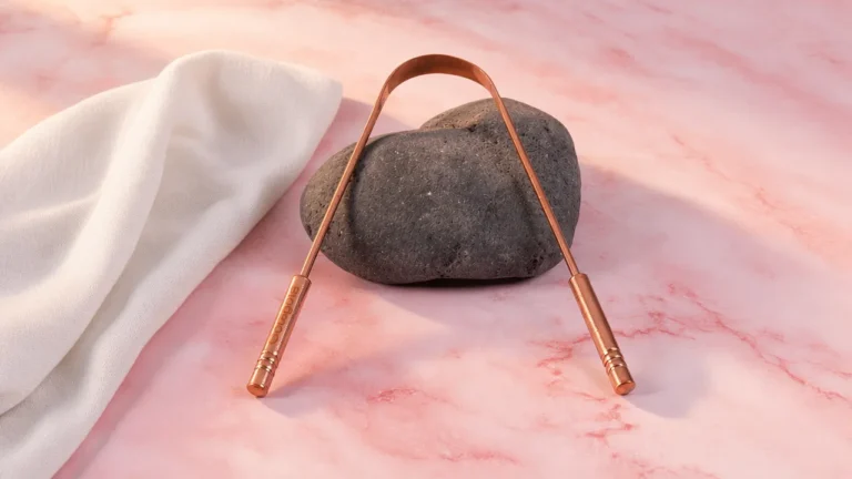 Raspador de lengua de cobre apoyado en una piedra volcánica sobre mármol rosa junto a un paño de lino