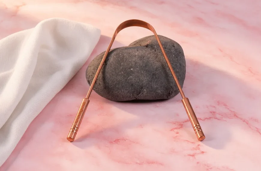 Raspador de lengua de cobre apoyado en una piedra volcánica sobre mármol rosa junto a un paño de lino